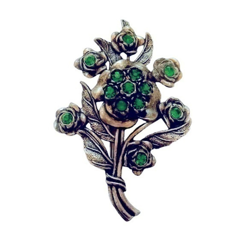 Vintage Rhinestone Floral Brooch Little Nemo 1940s Silver Pot Metal Green 3.25”